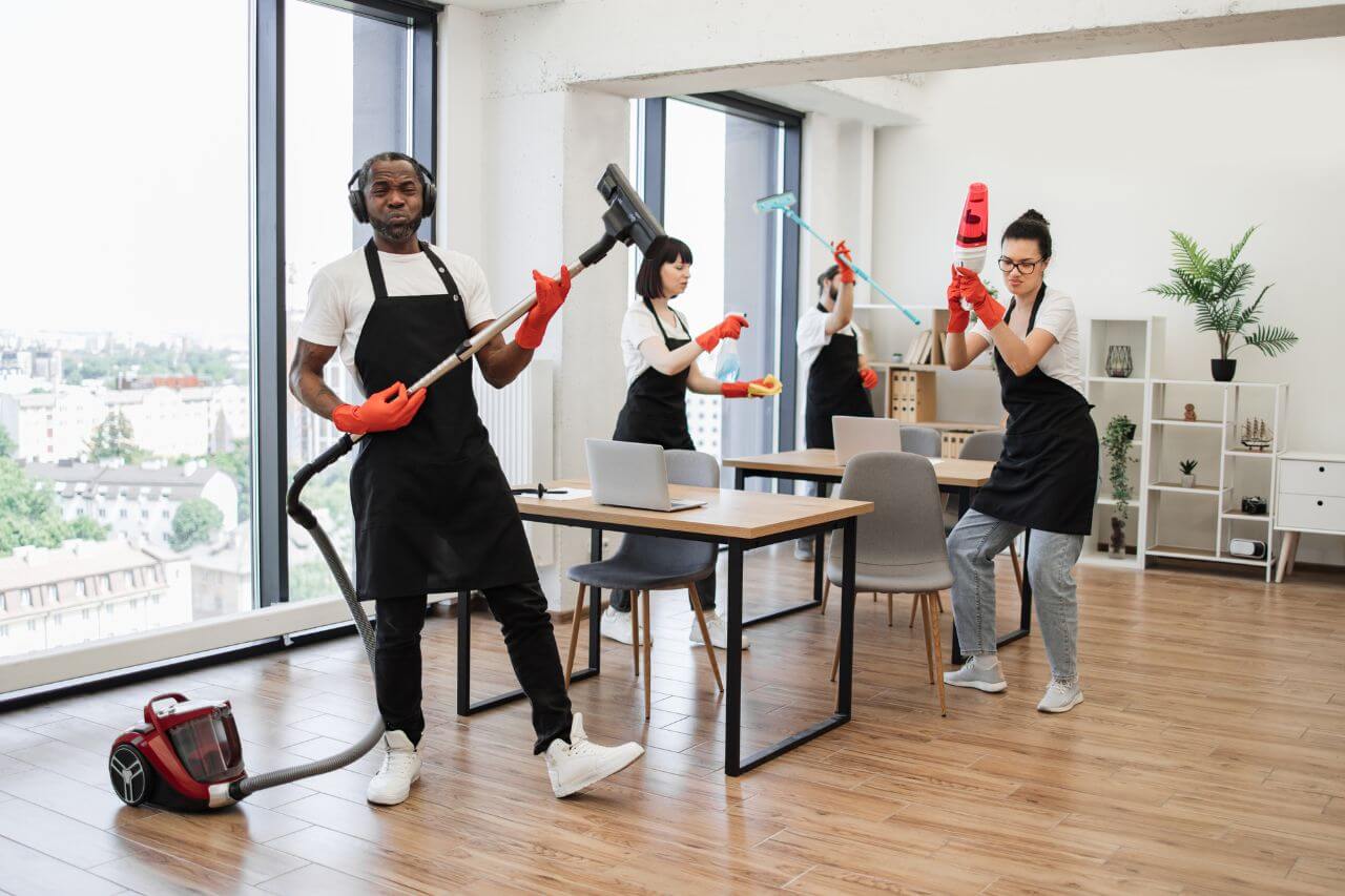 Workers with equipment for cleaning on background of modern office.