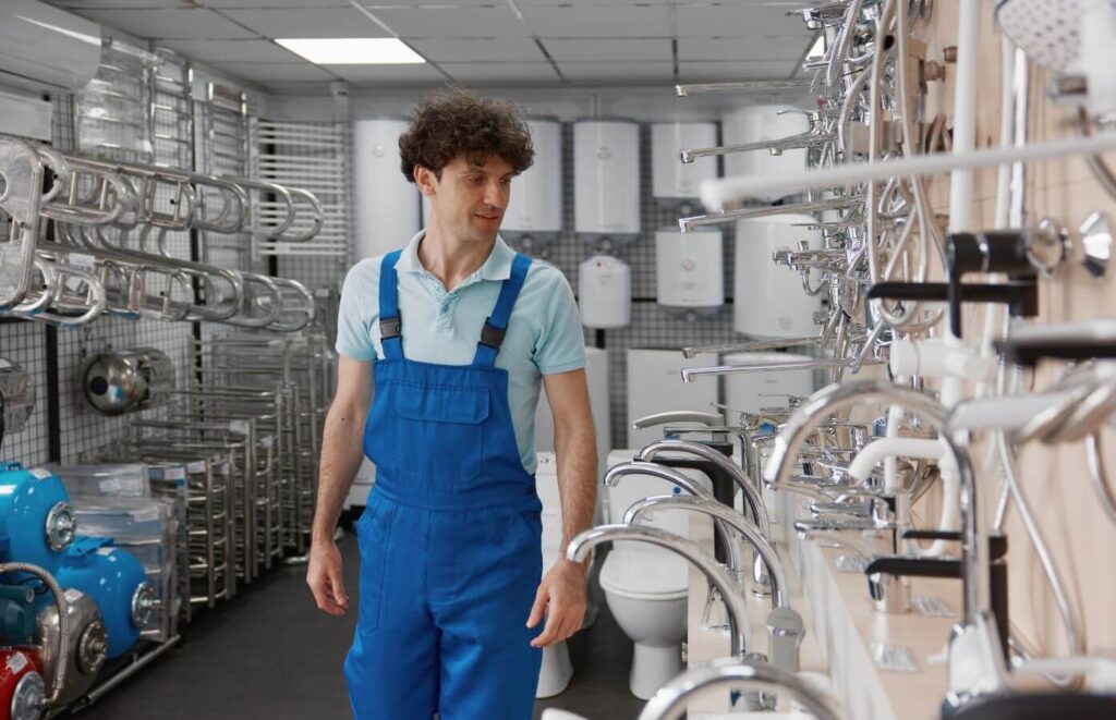 Plumber selecting stainless steel washbasin water tap for domestic kitchen or home bathroom at plumbing store