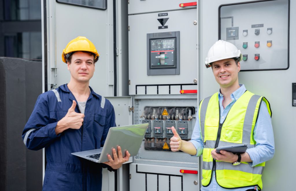 Two engineers inspecting the electrical switchboard.